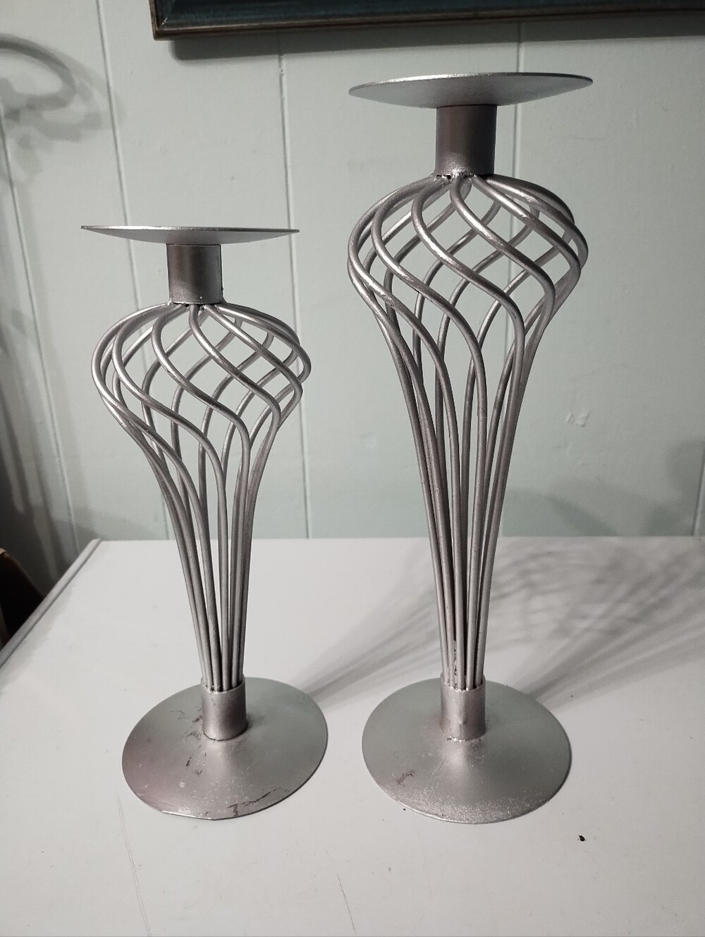 Metal Twisted Cage Candle Holders - Silver Toned -Set of 2